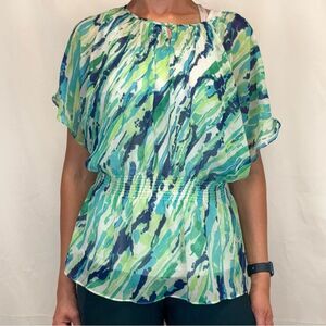 Willi Smith Women's Lightweight Sheet Blouse XL Extra Large Green Blue White Top